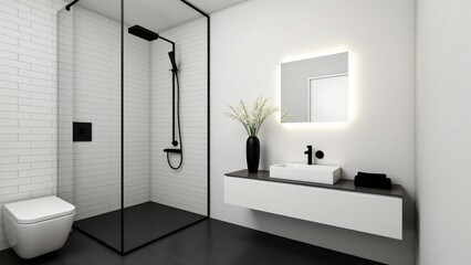 A monochrome bathroom with sleek lines, frameless features, and minimalist decor. Black and white tones create a modern, clean, and highly functional space for contemporary living.