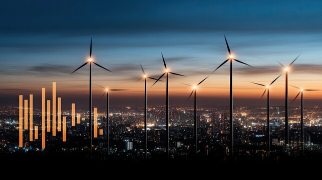 A blend of stock market growth indicators and solar-powered wind turbines showcases the shift to sustainable energy during dawn