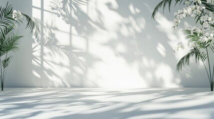 Abstract white studio background for product presentation. Empty room with shadows of window and flowers and palm leaves . 3d room with copy space. Summer concert. Blurred backdrop