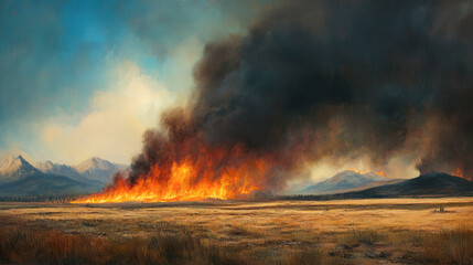 Fototapeta premium Intense wildfire blaze amidst vast mountainous landscape under heavy smoke