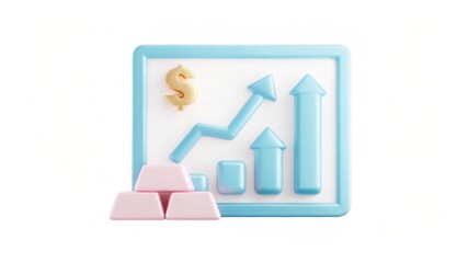 A colorful graph icon depicting financial growth with upward arrows and currency symbol, representing investment and economic progress.