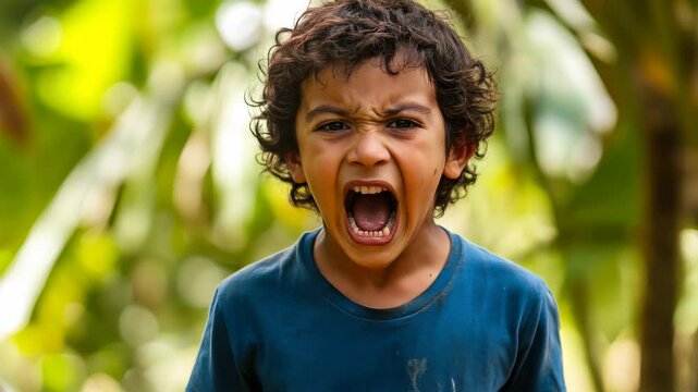 Angry boy yelling outdoors with intense expression.