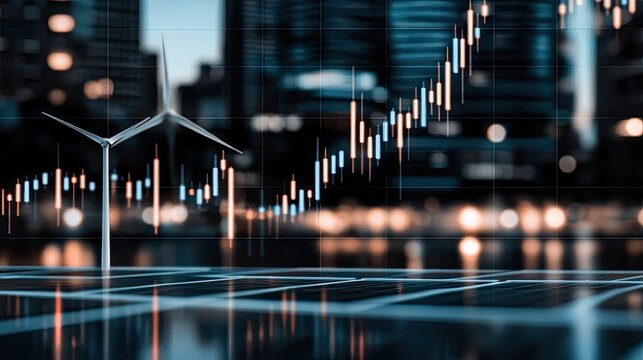 A blend of stock market growth indicators and solar-powered wind turbines showcases the shift to sustainable energy during dawn