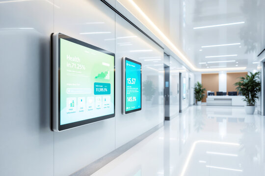 Digital screens displaying analytics data in a modern office hallway with a clean and bright interior design. - Powered by Adobe