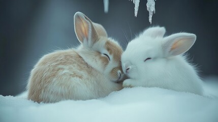 Obraz premium Two bunnies cuddling in snow.