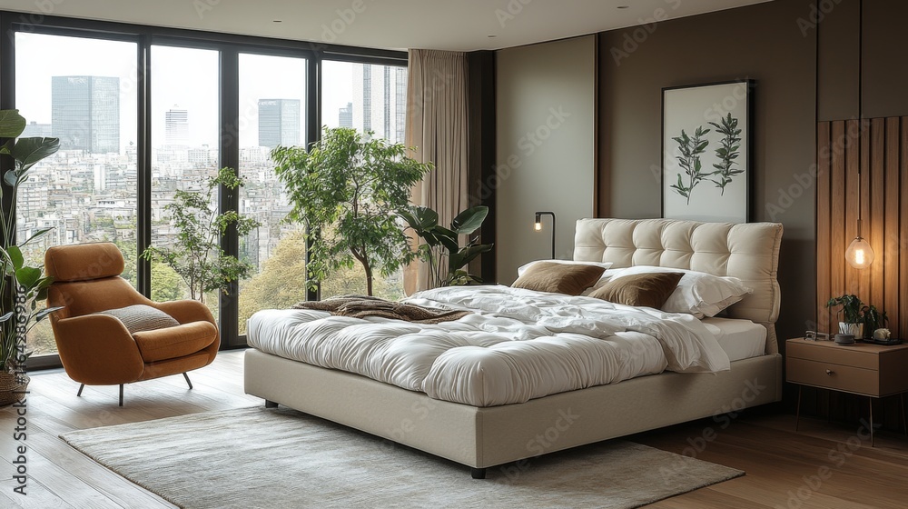 Poster a modern bedroom features a plush bed with soft linens and decorative pillows, large windows reveali