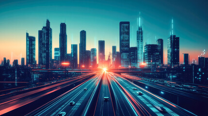 Fototapeta premium Futuristic cityscape with vibrant skyline at sunset