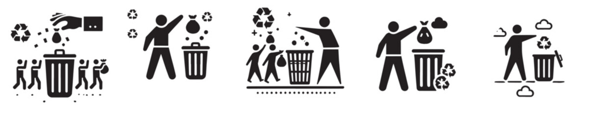 Vector collection of symbols of people throwing rubbish in the right place