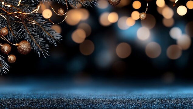 A close up of a christmas tree branch with gold ornaments on it
