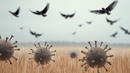 Obraz premium Bird flu mutation avian virus. Infected spheres amidst flying birds over a grassy field.