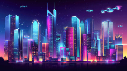 Futuristic neon cityscape at night with drones and starry sky