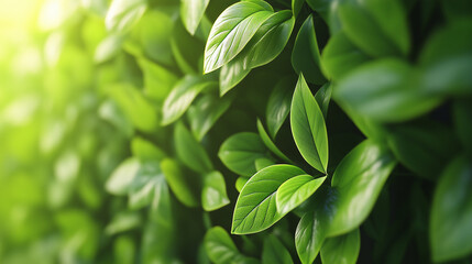 Obraz premium Sunlit green leaves in focus with a natural soft blur in the background, symbolizing growth, freshness, and the beauty of nature.