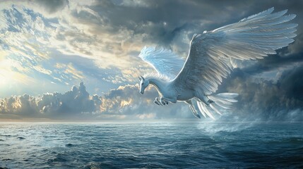 Fototapeta premium Majestic Pegasus Soaring Over the Ocean