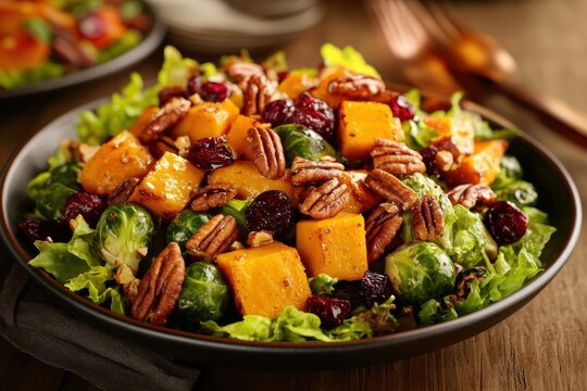Vibrant autumn salad featuring fresh greens, roasted squash, pecans, and cranberries.