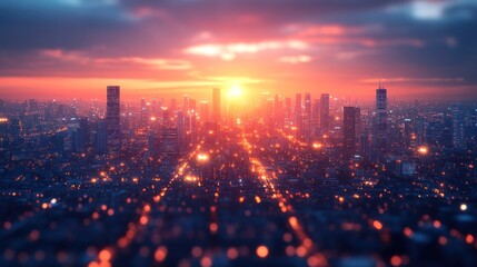 Fototapeta premium Vibrant sunset over a sprawling metropolis.