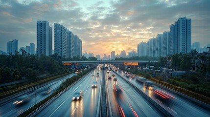 Obraz premium Sunrise over a city highway with traffic.