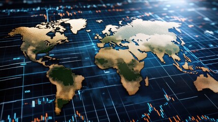 Financial concept shows stock market dynamics with a rising candlestick chart against a blue background and a blurred world map