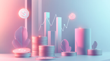 Digital finance growth trends with coin stacks and graphs in futuristic setting