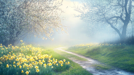 Enchanting spring landscape with blooming daffodils and serene pathway in morning light