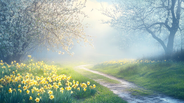 Enchanting spring landscape with blooming daffodils and serene pathway in morning light - Powered by Adobe