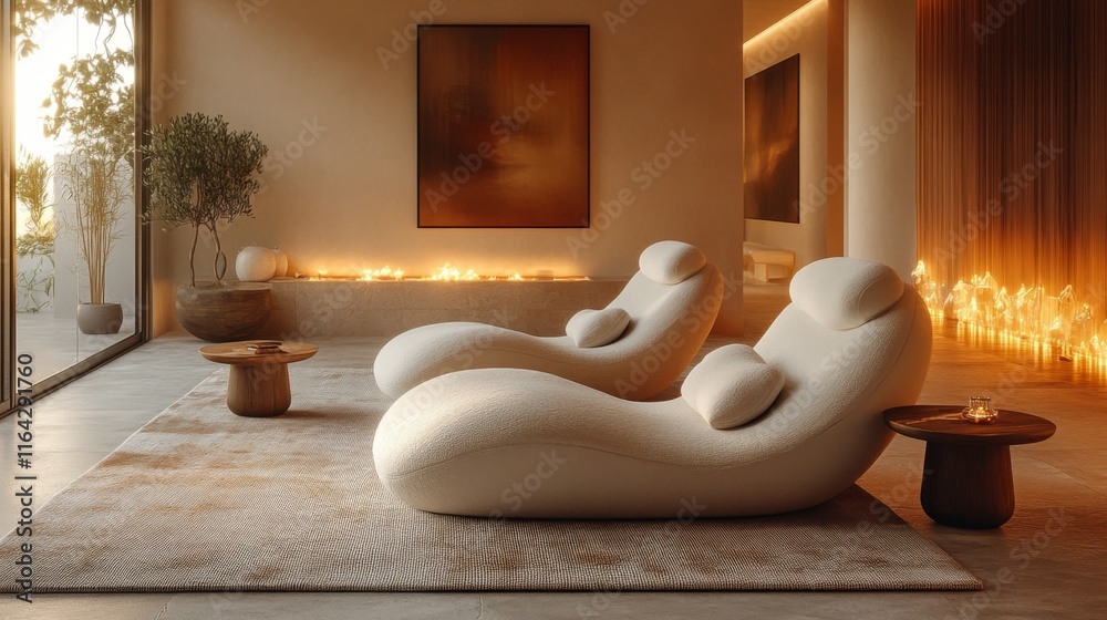 Aufkleber curved, soft seating pieces create a cozy atmosphere in a modern lounge. the space is warmly lit, fe