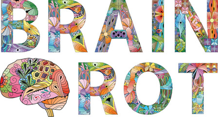 Words BRAIN ROT in the style of abstract hand drawing.