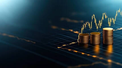 Financial concept shows stock market dynamics with a rising candlestick chart against a blue background and a blurred world map