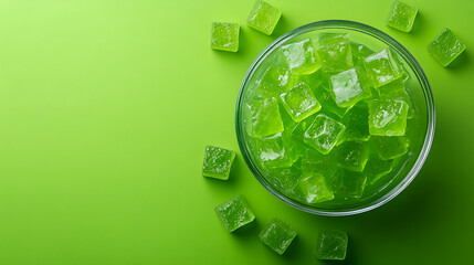 Green jello in a glass bowl, square shaped gummy candy pieces and green food coloring with copy space