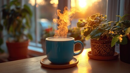 Warm drink in blue mug by window at sunset.