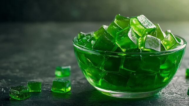 Green jello in a glass bowl, square shaped gummy candy pieces and green food coloring with copy space
