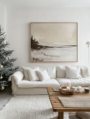 Coastal Living Room Decor Features White Sofa and Seascape Art