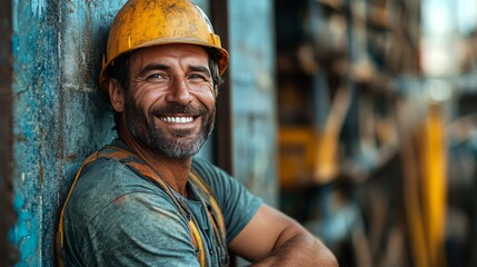 Smiling construction worker in hard hat stands confidently at building site