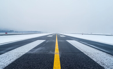 Fototapeta premium A snow-covered runway with clear yellow and white markings stretching into a foggy horizon, evoking a sense of cold stillness.