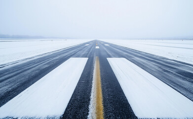 A snow-covered runway with clear yellow and white markings stretching into a foggy horizon, evoking a sense of cold stillness.