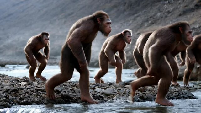 Group of primates walking along the riverbank in a natural habitat during the day