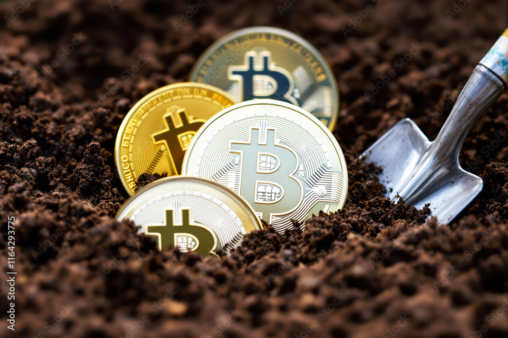 Poster bitcoin coins partially buried in soil with a shovel nearby, symbolizing cryptocurrency mining.