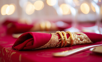 A red napkin with a golden ring, pinecone, and Christmas ornaments on a festive table with warm bokeh lights in the background.
