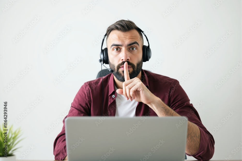 Aufkleber man in headset making hush gesture while working on laptop, sitting in light office environment.