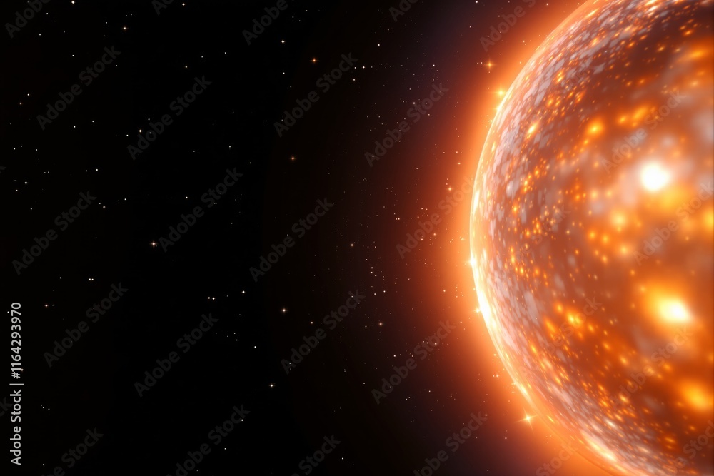 Poster glowing orange planet in space with a starry background.