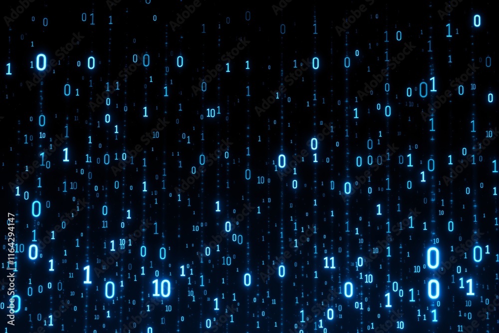 Aufkleber Binary code background with glowing blue digits on black.