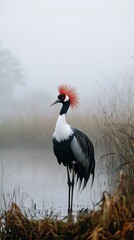 Fototapeta premium Majestic Grey Crowned Crane in Misty Wetlands Habitat