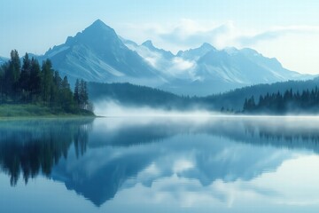 Fototapeta premium Majestic mountains and serene lake create a tranquil morning landscape in blue hues