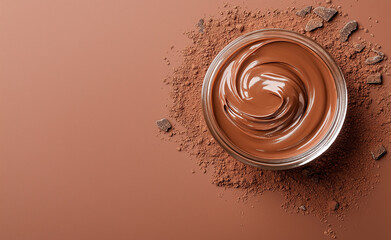 A jar of creamy chocolate spread surrounded by scattered cocoa powder and chocolate pieces on a...