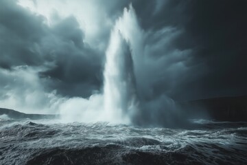 Powerful water erupting from ocean waves under a dramatic stormy sky at twilight