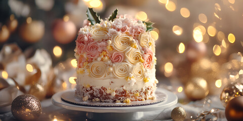 Fototapeta premium Festive Cake with Decorative Icing and Holiday Lights