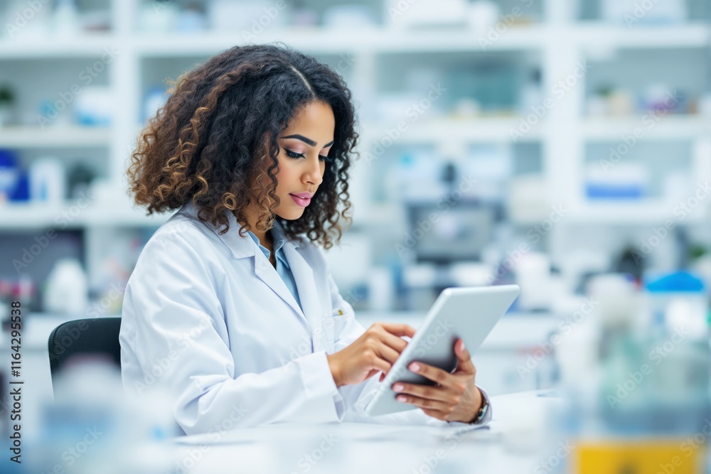 Poster scientist using a tablet in a laboratory environment, surrounded by scientific equipment and blurred