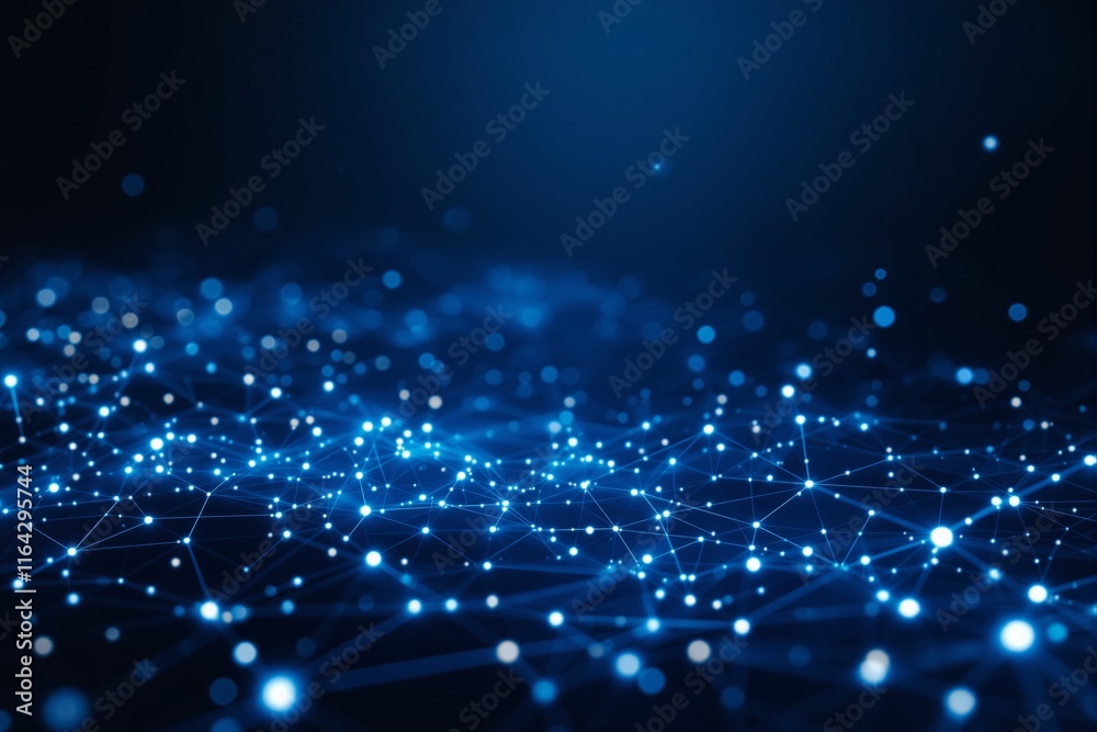 Poster abstract glowing network of blue dots and connections on dark background.
