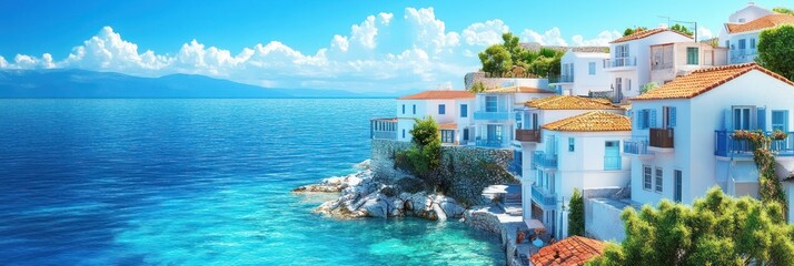 Fototapeta premium Whitewashed Houses on a Sunny Coastal Cliffside