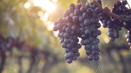   A cluster of grapes dangling from a vine, illuminated by sunlight filtering through the foliage behind it