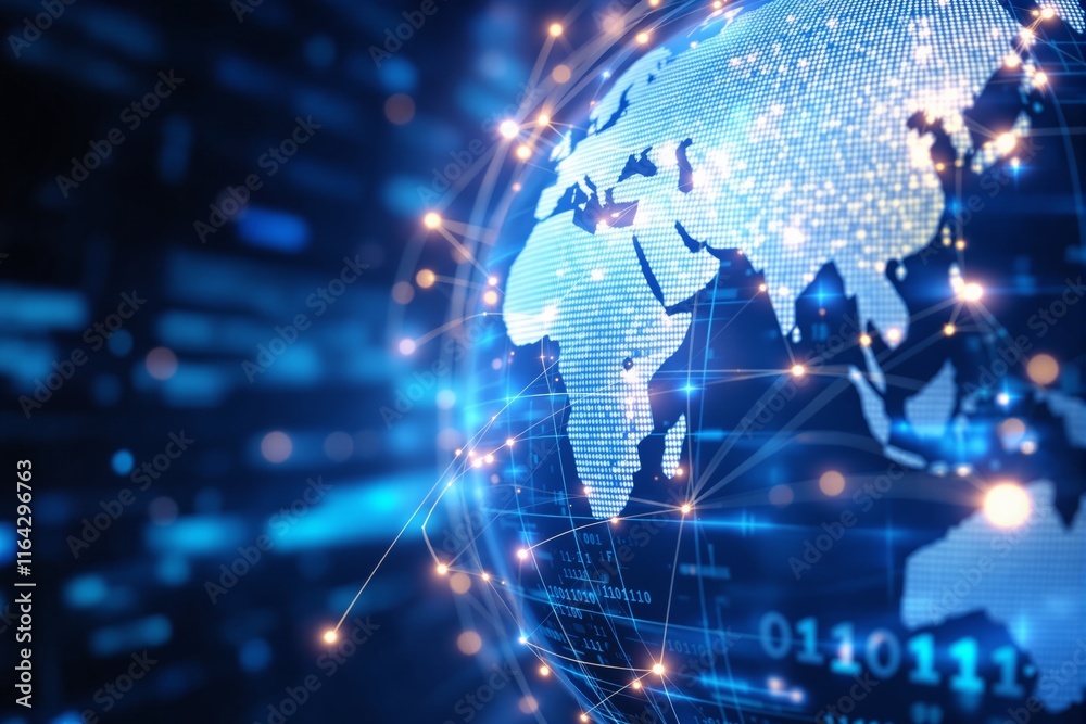 Poster Abstract digital globe with glowing connections and binary code in blue light background.
